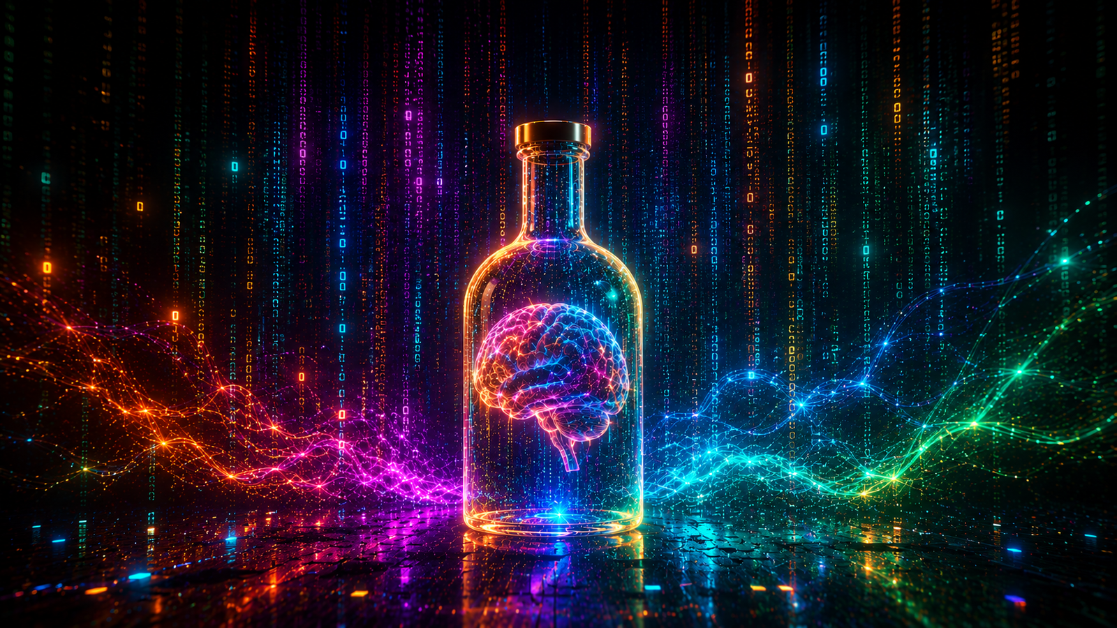 Cyberpunk image of a brain in a bottle