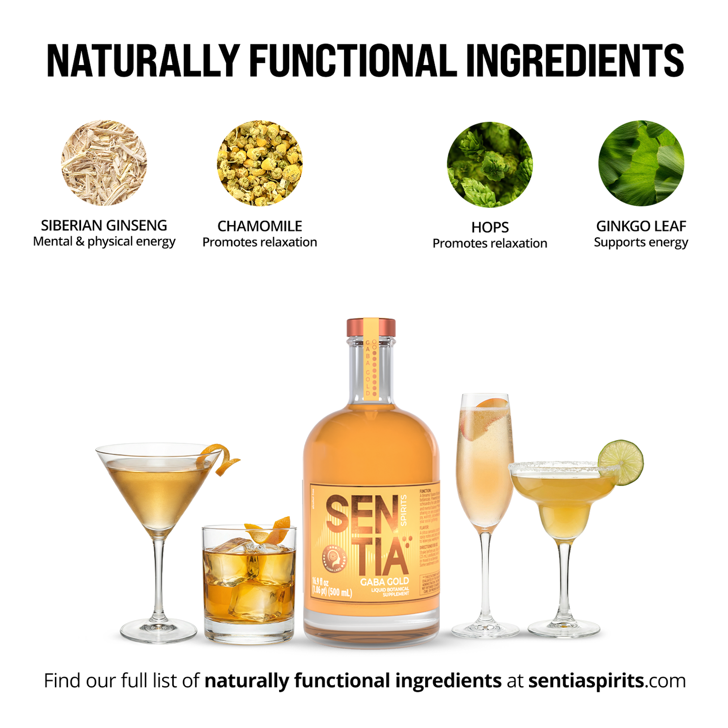 ingredients Ashwagandha, Hops, Damiana, Siberian Ginseng, Schisandra Berry, Gotu Kola Leaf, Lemon Balm, Ginkgo Leaf, Chamomile Flower, Eleuthero Root.