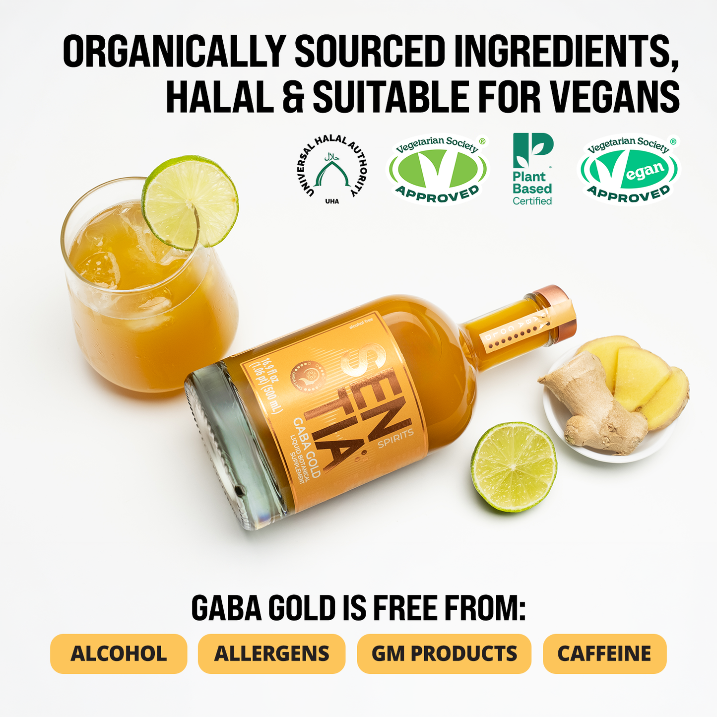 0% ABV, Low-calorie, vegan, gluten-free, caffiene
